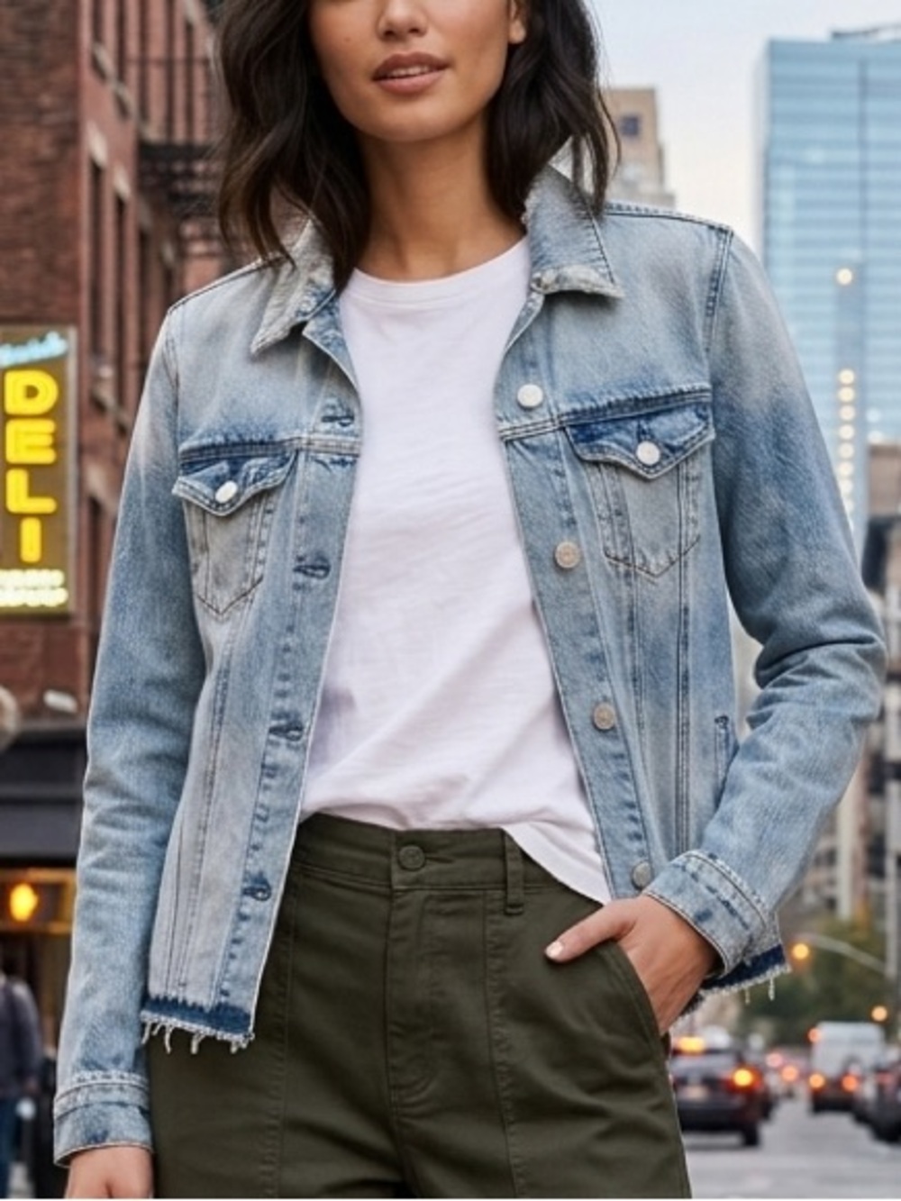 R+A side zip chest pocket blue slightly distressed denim jacket size small